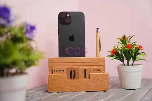 Image of CRAFT CLOSET & GIFTS Wooden Stylish Rolling Table Calendar Design Single Pen /Pencil Holder + Mobile Stand - Personalized Office Desk Supplies Accessory - Wood Life Time Perpetual Infinite Calendar