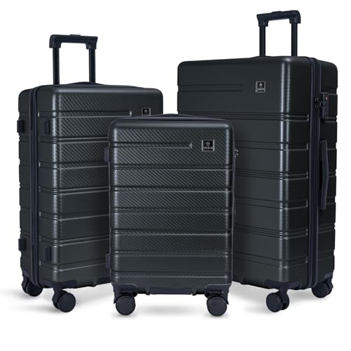 Image of Luggage Sets 3 Piece, 100% PC Hardside Luggage with Spinner Wheel TSA LOCK Lightweight Quiet Suitable for Men and Women, Family Y01 Dark Gray 20 /24 /28(Diagonal stripes)