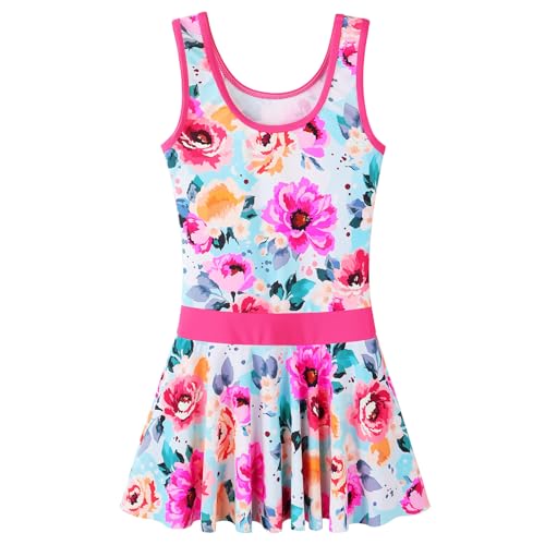 Image of Girls Swimsuit One Piece UPF 50+ Floral Skirted Bathing Suit Modest Beach Swim Dress 3-11 Years