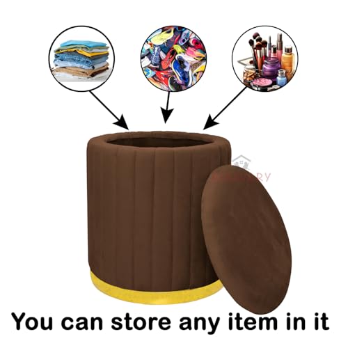 Image of Round Velvet Luxurious Storage Ottoman, Pouf with Storage Vanity Stool Chair,Upholstered Foot Rest Stool with Gold Strip Base for Living Room or Bedroom (Coffee., Large-40Dx40Wx46H)