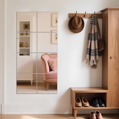 Image of Ruomeng Full Length Mirror Tiles - 12 Inch x 8Pcs Frameless Wall Mirror Full Body Mirror for Home Gym Vanity Bedroom, Living Room