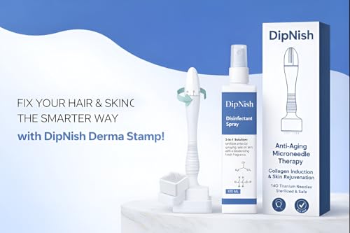 Image of Derma Stamp for Hair Regrowth & Facial Spa, Titanium Coated Adjustable Needles 0.25mm to 3mm, 140 Microneedling Stamp for Skin Repair, Face, Hair & Beard Growth, Reusable derma pen, Reduces Acne Scars, Safe & Effective To Use (Off White)