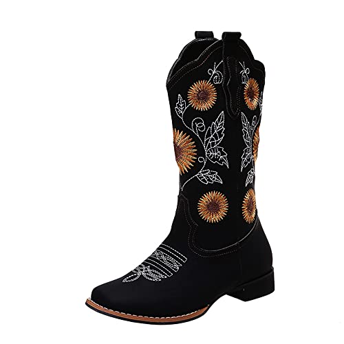 Cowboy Boots Women Sunflower Embroidered Western Cowgirl Boots Square Toe Tall for All Season Occasions, Brown