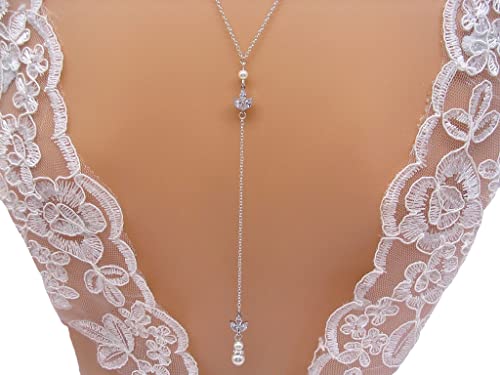 Collier de dos mariée feuilles zircon et perles nacrées (blanc)