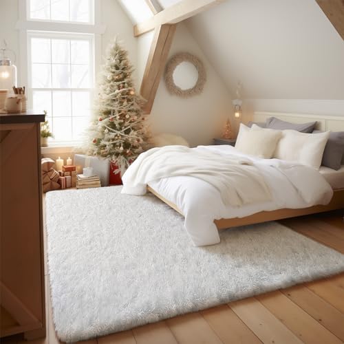 Image of Ophanie Upgrade White Rugs for Bedroom, 4x6 Feet, Shaggy Soft Area Rug, Non-Slip Indoor Floor Carpet for Living Room, Kids Baby Girls Teen Dorm Home Decor Aesthetic, Nursery.