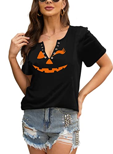 MAIHUN Halloween Pumpkin Face Shirts for Women Hocus Pocus Shirt Funny Pumpkin Tee Tops2