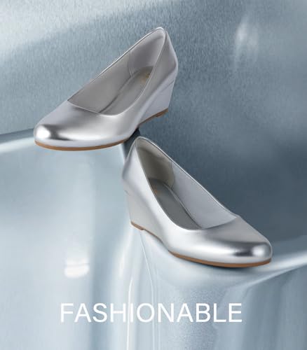 Image of Ankis Black Nude Silver Gold Wedges for Women, Low Heel Women's Wedge Comfortable Closed Toe Women Pumps Dress Shoes -2Inch