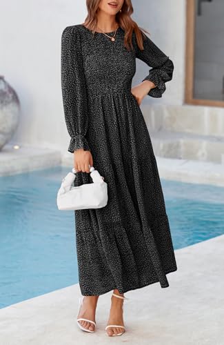 Image of BTFBM Women Casual Long Sleeve Crew Neck Fall Dress Bohemian Relaxed Fit Floral Flowy Maxi Dresses Tiered Cocktail Dress