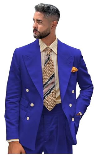Men's Suits 2 Piece Double Breasted 6 Button Fashion Mens Suit Double Vents Peak Lapel Suits for Men for Wedding