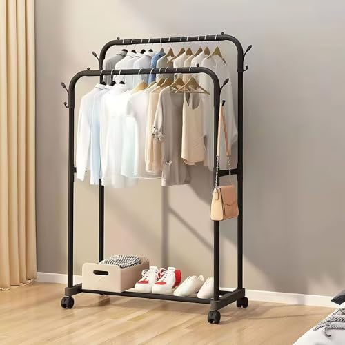Kleiderständer auf Rollen, Doppelruten Garderobenständer, Kleiderstange Stabil, Freistehender Kleiderbügel mit schuhablage Klamottenständer für Schlafzimmer Wohnzimmer,80 x 42 x 148 cm, Schwarz