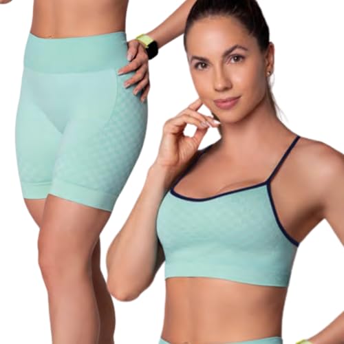 Conjunto Fitness Sem Costura Selene Short e Top Academia Quadriculado Feminino Adulto | Verde Mescla
