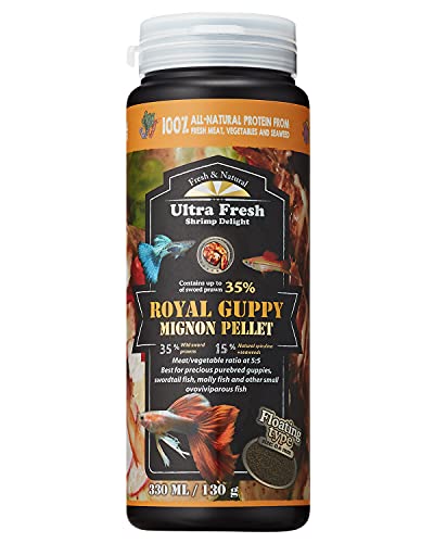 Ultra Fresh - Royal Guppy Mignon Pellet, 100% Natural Guppy Food, 35% Sword Prawns, 15% Natural Spirulina + Seaweeds, Highly Nutritious, for Cleaner Water and More Vibrant Color, Fish Food (4.6 Ounce)