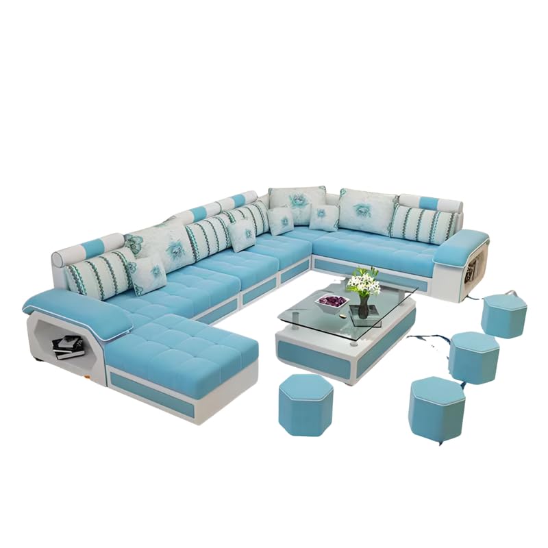 Image of Brown Maple U-Shape Sectional Sofa Set for Home | 10-Seater Fabric Sofa with Tea Table & 4 Puffy | Spacious Seating for 14 Persons | Pre-Assembled, Modern Comfort Design(SkyBlue)