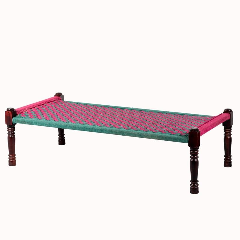 Image of Solid Sheesham Wood Charpai Khat Bed | Wooden Khatiya Charpai Desi | Handcrafted Khatiya Bed with Cotton Rope | Strong Khat for Indoor & Outdoor Use | 6X3 Feet | Pink Green
