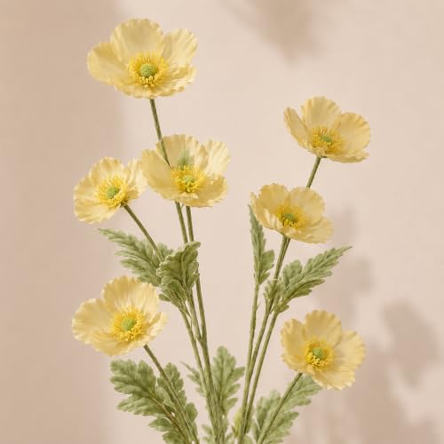 Image of CURATED CART Artificial Flowers Bunch of 2 Poppy Yellow Flowers, 70cm Real Touch Fabric Flowers with Stems, 4 Blooming Heads, Fake Flowers for Home Decor, Party, Wedding, Party Decorations