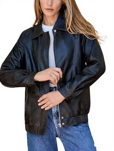 Bello vita Womens Oversized Faux Leather Bomber Jacket Zip Up Motorcycle Street Coat