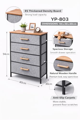 Image of Raawan 4 Layer Drawer Fabric Storage Organizer with Wooden Top and Metal Frame, Modern Dresser Storage Unit for Bedroom, Living Room, Office, Kids Room & Closet, Grey (4 Layer.)