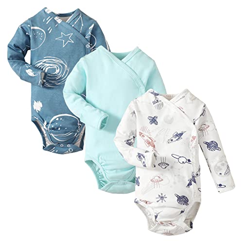 Image of DEFAHN Baby Side Snap Bodysuit Kimono Onsies Newborn Boy Girl 3-Pack 100% Cotton Basic Pattern Kimono Bodysuits