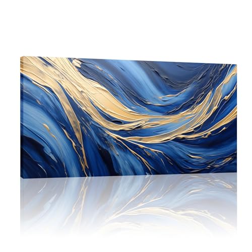 Toile abstraite bleu et or encadrée 20x41cm HYFBH pour décoration murale