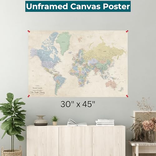 Image of Personalized Canvas Rolled Poster World Map Wall Art - Large 30 inch x 45 inch Sandy Dreams Map of the World - Push Pin Travel Decor for Home or Office