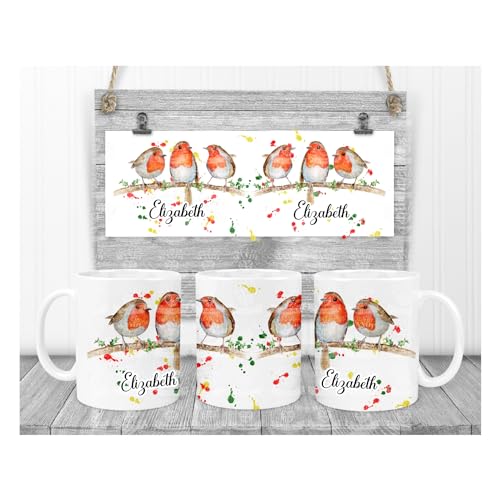 Personalised three Robins on a coffee tea mug (Red)