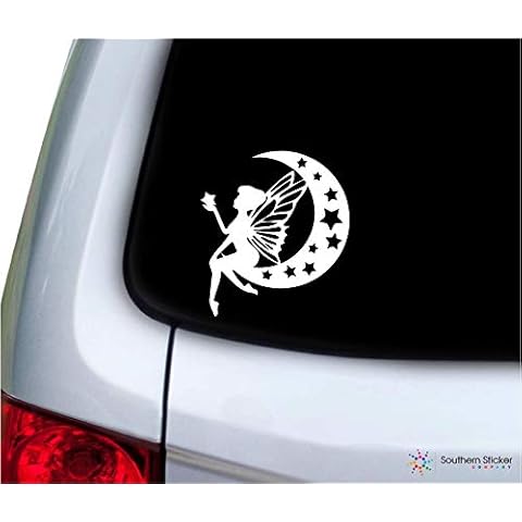 Southern Sticker Company Fairy on Half Moon Stars Inside 3.9x4.3 inches Size Vinyl Laptop car Window Truck - Made and Shipped in USA (White) Cover
