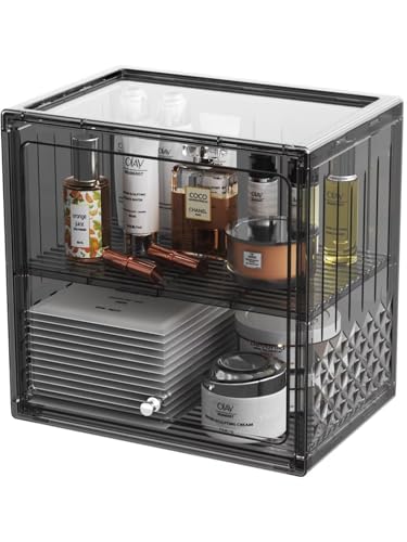 TWMTWM Clear PET Skin Care Perfume Makeup Organizer Countertop with Flip Cover for Vanity & Dresser, Coffee Mug Holder, Double Deck Transparent Case(Black)