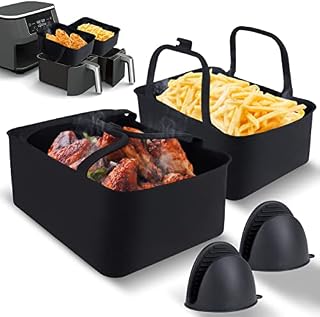 CaringCook Silicone Liners for Dual Air Fryer with Gloves, 2 PCS Dual Basket Air Fryer Liners with Handles for Ninja AF400UK, Reusable Silicone Pot for Oven Microwave, Black