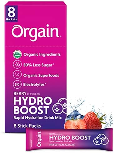 Orgain Organic Hydration Packets, Electrolytes Powder - Berry Hydro Boost with Superfoods, Vegan, Gluten-Free, No Soy Ingredients, Non-GMO, Less Sugar than Sports Drinks, 8 Count