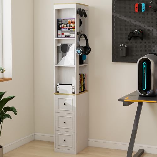 RASOO 73.03' CD Storage Tower, White Tall Narrow Bookcase Bathroom Storage Cabinet Media Tower Rack Multi-Functional Skinny Display Bookshelf with Drawers and Headphone Hook