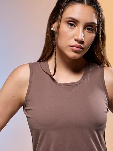Image of TECHNOSPORT Women Solid Slim Fit Round Neck Tank Top with Cotflex for Gym, Sports and Regular Use