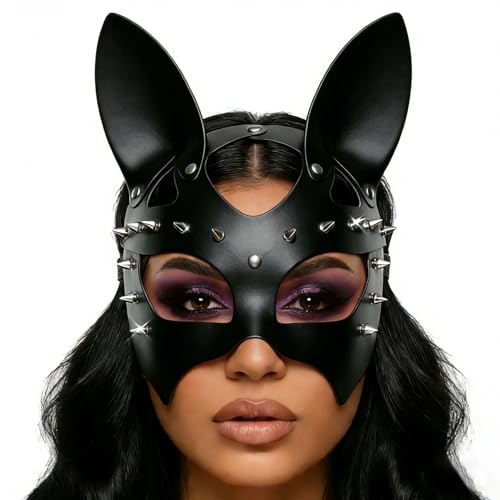 CLOACE Black Leather Masks Rivet Masquerade Cat Mask Eye Covers Halloween Costume Eye Accessory (Black)
