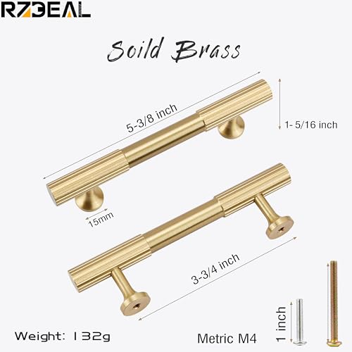 RZDEAL 2pcs Solid Brass Gold Cabinet Pulls, 3-3/4-Inch Hole Centers for Kitchen Cupboard Handles Modern Drawer Dresser Pulls Bathroom Brushed Brass Cabinet Pulls Wardrobe Door Handles