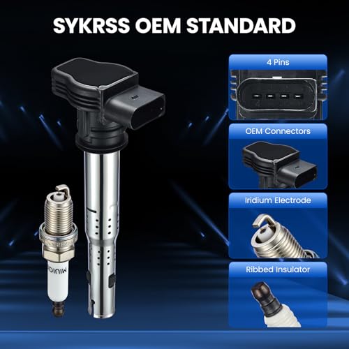 Image of Set of 4 Ignition Coil Pack UF575 and Iridium Spark Plugs PFR7S8EG 4 Pack Compatible with Audi A3 A4 A5 A6 Q3 TT Quattro Q5 TT VW CC Eos GTI Beetle Golf Jetta Passat 2.0L L4 4.2L V8
