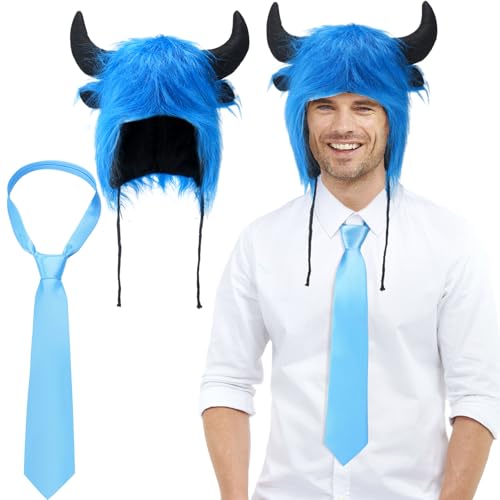 Newcotte 2 Pcs Blue Buffalo Hat with Horns and Tie, Furry Water Buffalo Costume for Adult Men Women Halloween Cosplay Party