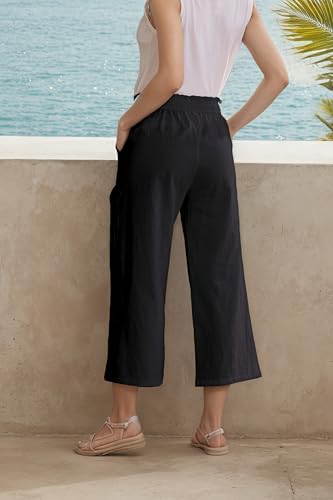 Image of LNX Womens Linen Capri Pants Wide Leg High Waisted Drawstring Casual Cropped Pants with Pockets