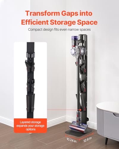 Image of VEVOR Vacuum Stand Compatible with Dyson G5 V15 V12 V11 V10 V8 V7 V6 Series Upright Vacuums Cleaners & Accessary, Stable Storage Stand Holder with 6 Hooks and Non-Slip Footpads, Black