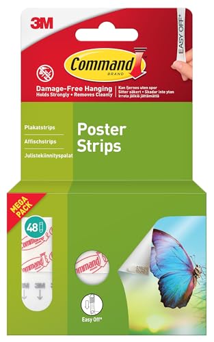 Command Poster Strips, Damage Free Hanging Poster Hangers, No Tools Wall Hanging Strips for Posters, 48 White Command Adhesive Strips