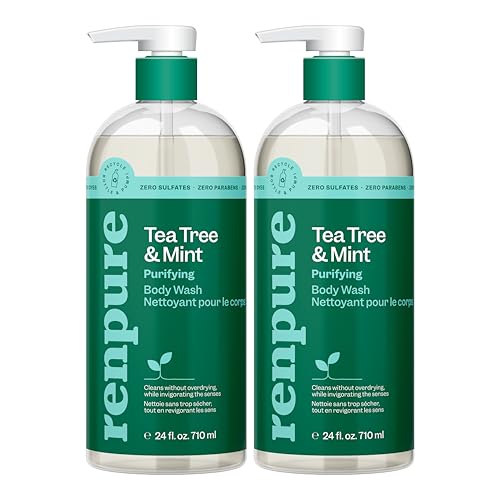 RENPURE Tea Tree & Mint Body Wash – Cleanses, Invigorates & Refreshes Skin Without Over-Drying – For All Skin Types – Tea Tree Leaf Oil, Spearmint Leaf Oil – 24 Fl Oz each, 2 Pack