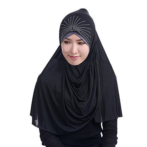 BXT Soft Ice Silk Muslim Hijab Scarf with Rhinestone for Muslim Women Instant Turban Cap One Piece Islamic Full Cover Shawl2