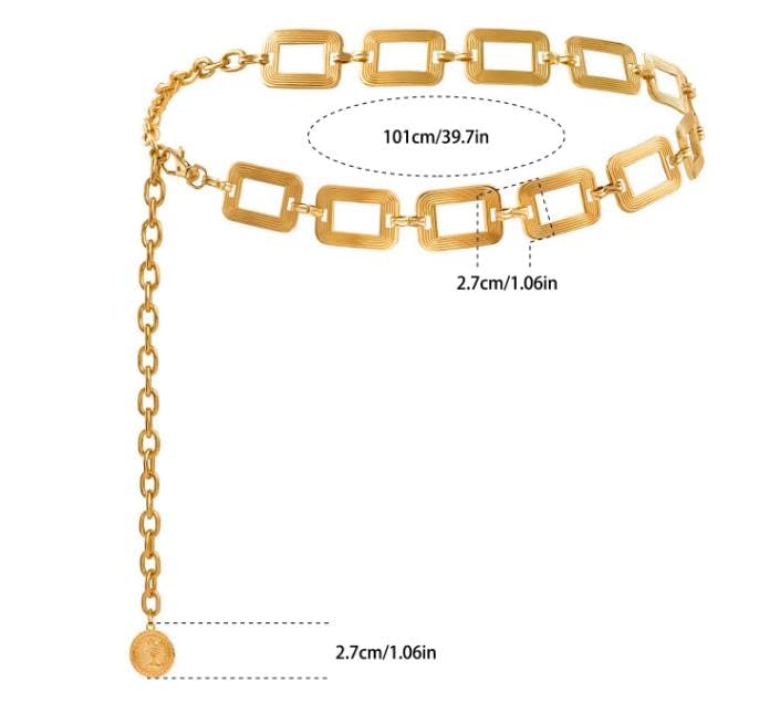 Women's Chain Belt Metal Waist Belt Chunky Belly Link Belt Metal Waist Chain Belt for Women Girls Square Chain Chunky Belts for Dresses Jeans（gold）2
