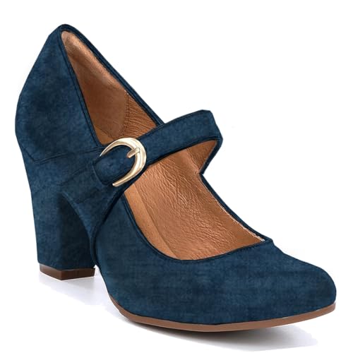 Image of SHODENSE Women Vintage Chunky High Heel Mary Jane Shoes Round Closed Toe Ankle Strap Dress Sandals 3 inch Block Heels Mary Jane Lolita Pumps Two-Toned Patchwork Buckle Office Lady Wedding Retro 4-11 M US
