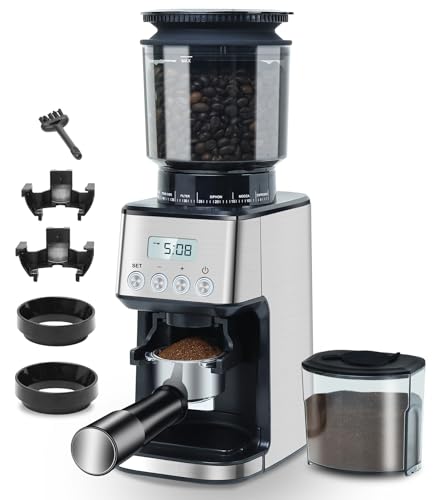 Homtone Macinacaffè Elettrico con Macine Coniche in Acciaio Inox, Macinacaffè a 51 Livelli Regolabili, Macinadosatore per Espresso, Macinacaffè Automatico per Portafiltro, Nero/Acciaio Inox