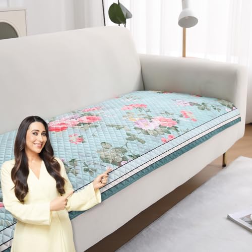 Image of HOKIPO 'LiefNest' Holland Velvet Sofa Cover Mat with Foam Filling for 1 /2 /3 Seater & L-Shape Sofa. Make Your Own Sofa Cover Set, Mat Size: 60(L) cm, Fresh Floral Pastel Blue (IN-821-D3)