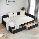 Daybed with Storage Drawers,Full Size Daybed with Stripes,Velvet L-Shaped Corner Bed Frame,Wood Day Bed Frame,Upholstered Sofa Bed for Living Room/Bedroom/Guest Room,No Box Spring Needed,Black