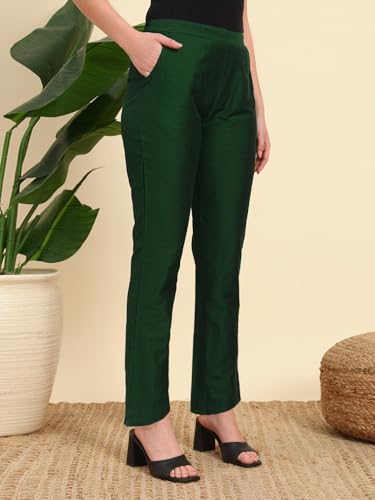 Image of Vogaan Women's Cotton Silk Pant | Half-Elasticated Waist Slim Fit Trouser for Women | Casual Pocket Pants for Office Formal Daily Use