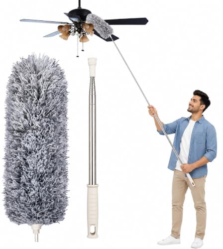 Image of 100 inch Extendable Microfiber Feather Duster with Long Stainless Steel Pole, Bendable & Washable Anti-Scratch Brush for Cleaning High Fans, Roof Cobwebs, Window Blinds and Furniture (Grey)