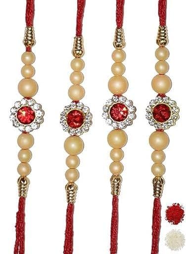 NITYAM ENTERPRISES SET OF 4 RED DAIMOND KUNDAN CREAM PEARL RAKHI ||SISTER||BROTHER||ADULT||WITH ROLI CHAWAL(NE 156) (B0D5YLGS77) Amazon Price History, Amazon Price Tracker