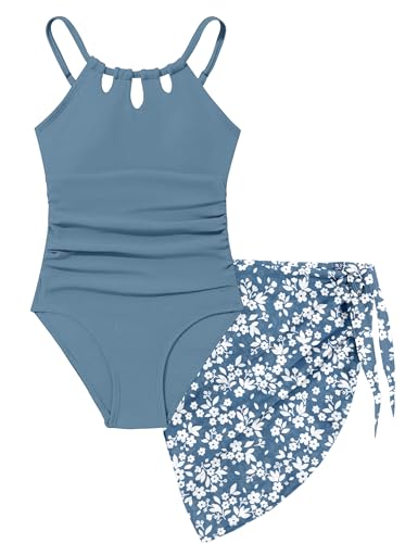 Image of KANGKANG Girls Swimsuit Quick Dry Cut Out One Piece Swimsuits with Tropical Print Cover Up Skirt Bathing Suit Swimwear 7-18Y