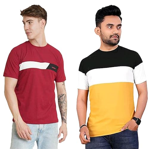 Image of LookMark Relaxed Fit Men's Combo Cotton Blend Maroon & Yellow Color Printed Striped Polo Tshirt(MT03-MT07)